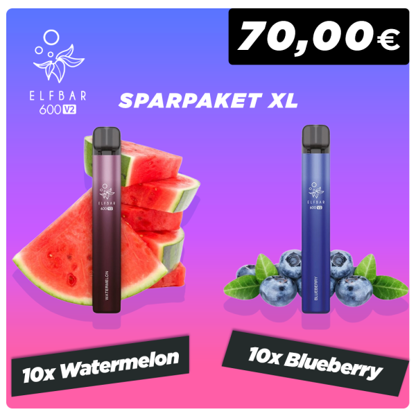 ELFBAR 600 V2 Sparpaket XL - 10x Watermelon + 10x Blueberry 20mg Nikotin